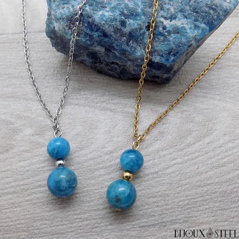 Collier à pendentif deux perles en pierre d'apatite bleue
