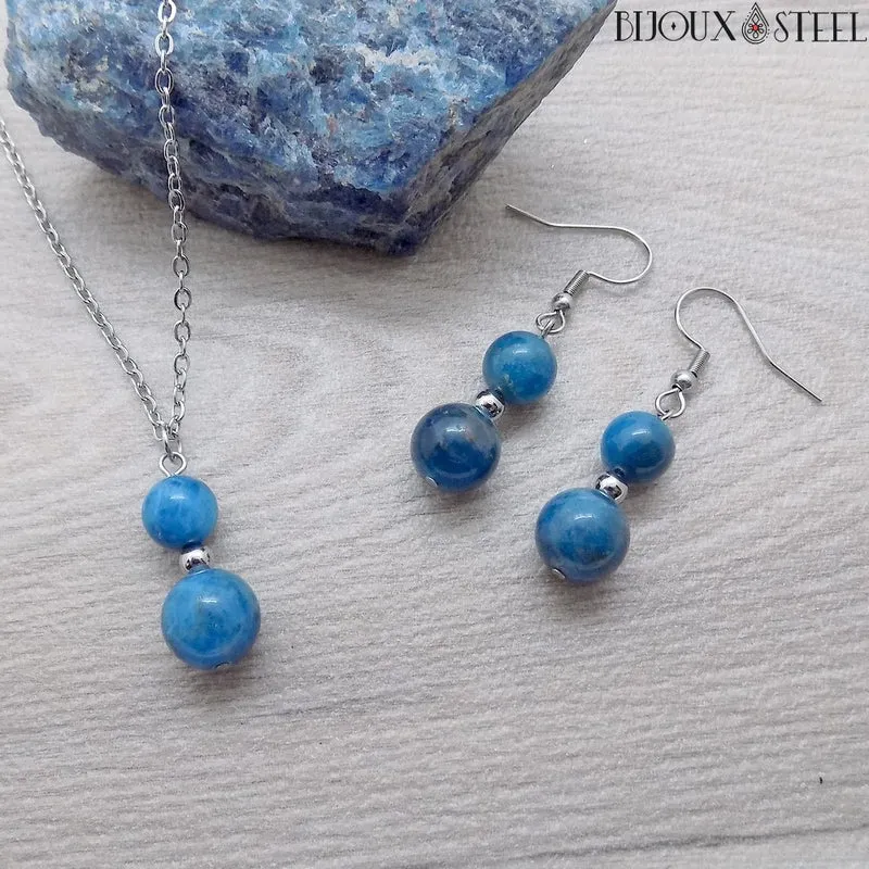 Collier à pendentif deux perles en pierre d'apatite bleue
