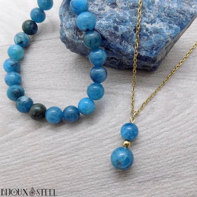 Collier à pendentif deux perles en pierre d'apatite bleue