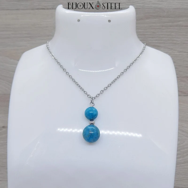Collier à pendentif deux perles en pierre d'apatite bleue