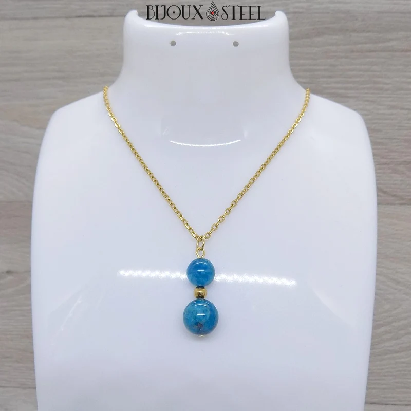 Collier à pendentif deux perles en pierre d'apatite bleue