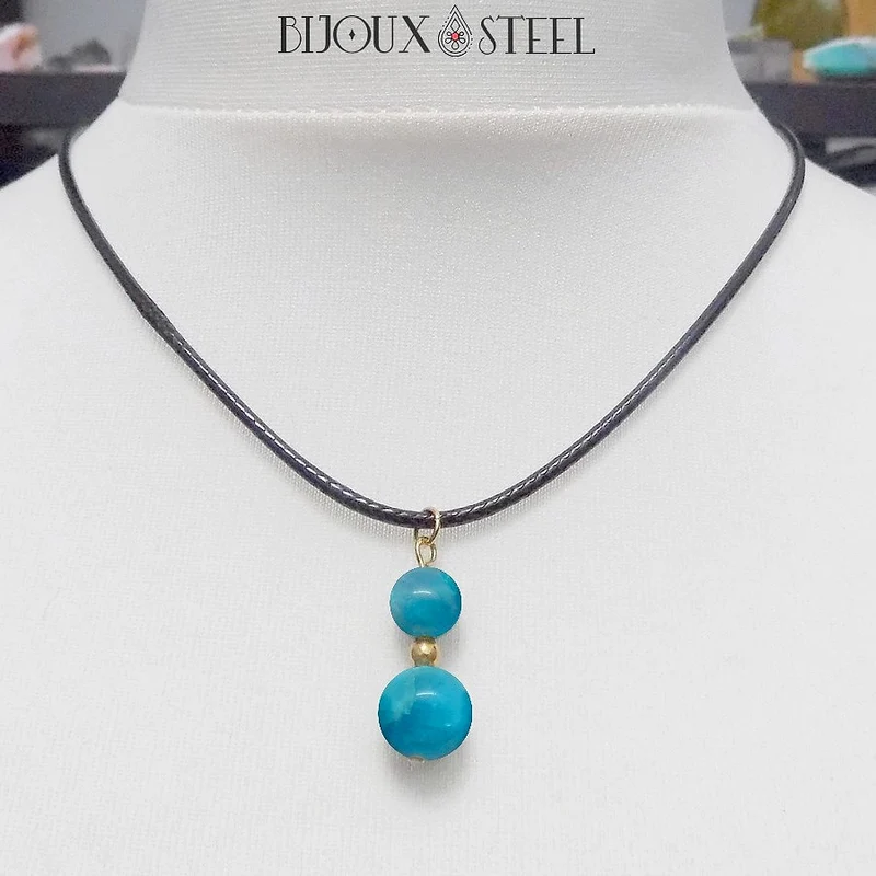 Collier à pendentif deux perles en pierre d'apatite bleue