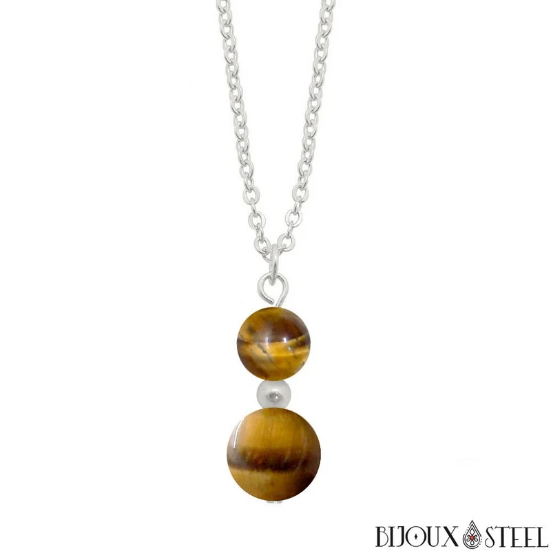Collier à pendentif deux perles en pierre d'oeil de tigre