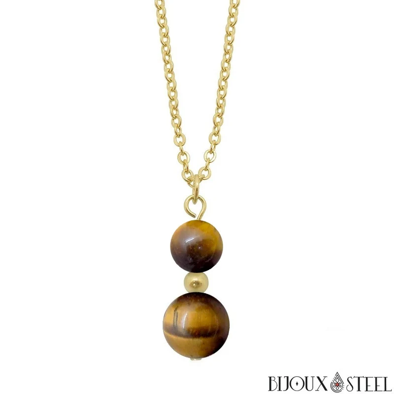 Collier à pendentif deux perles en pierre d'oeil de tigre