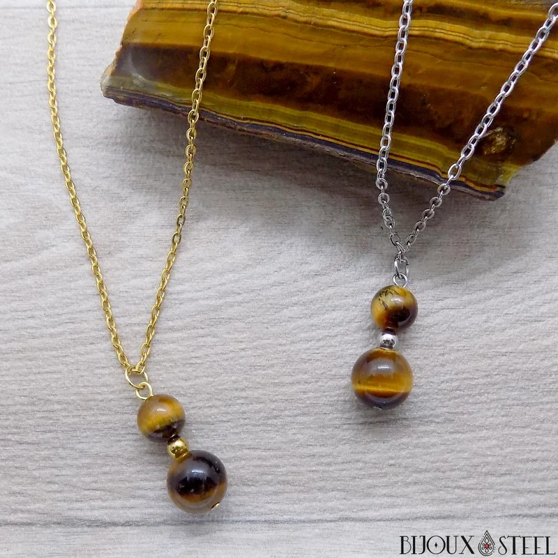 Collier à pendentif deux perles en pierre d'oeil de tigre