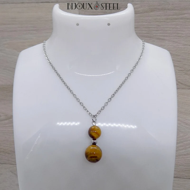 Collier à pendentif deux perles en pierre d'oeil de tigre