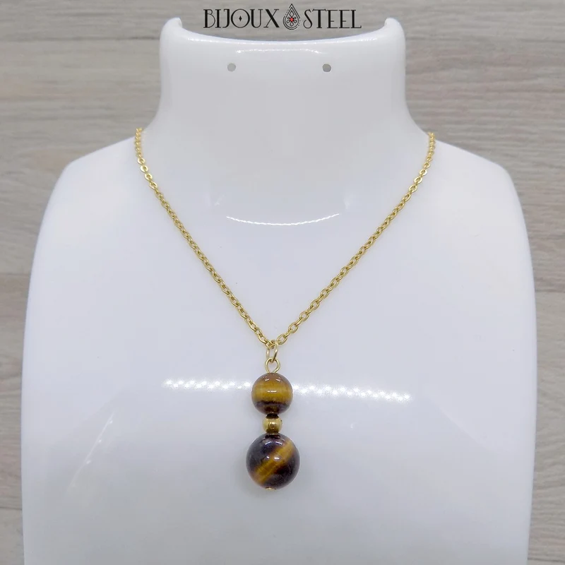 Collier à pendentif deux perles en pierre d'oeil de tigre