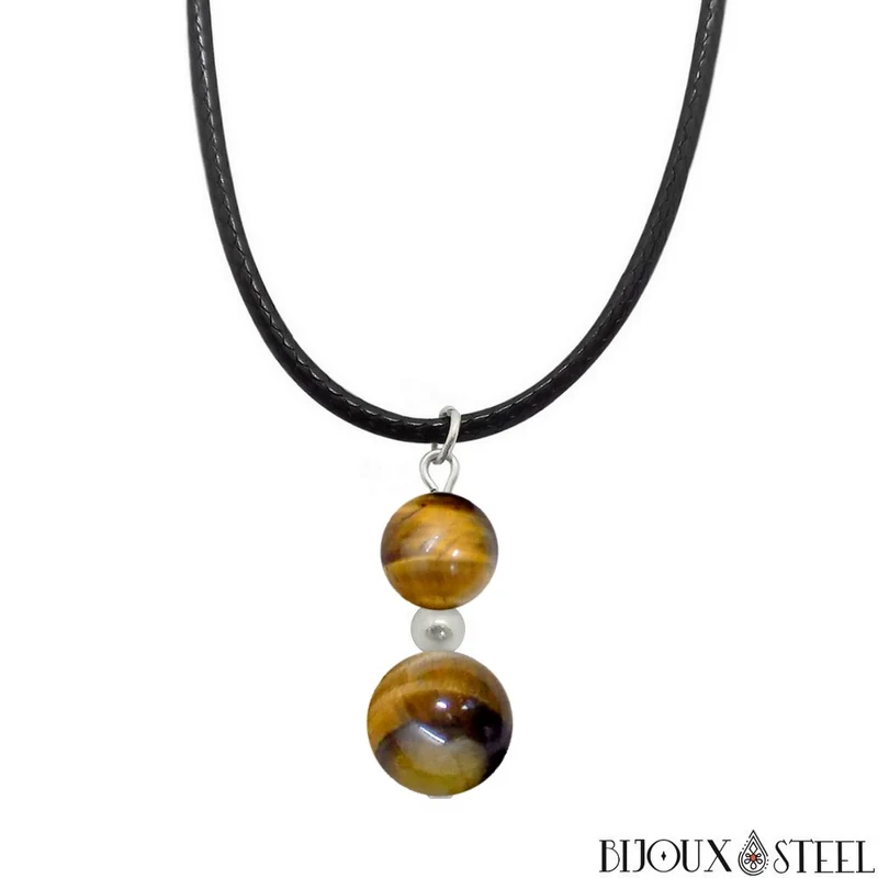 Collier à pendentif deux perles en pierre d'oeil de tigre