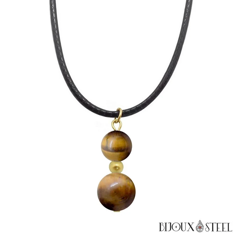 Collier à pendentif deux perles en pierre d'oeil de tigre