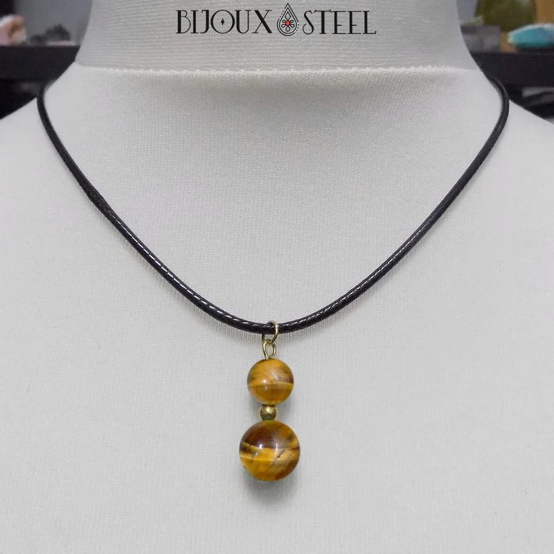 Collier à pendentif deux perles en pierre d'oeil de tigre