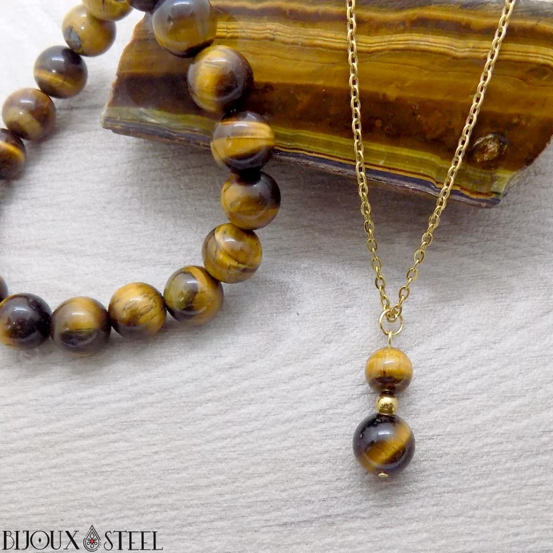 Collier à pendentif deux perles en pierre d'oeil de tigre