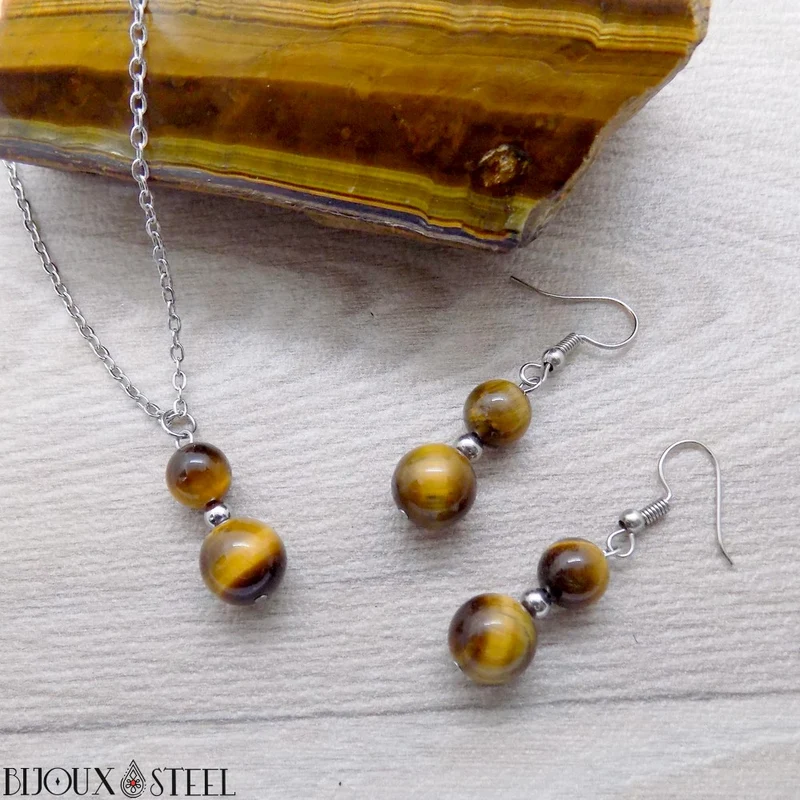 Collier à pendentif deux perles en pierre d'oeil de tigre