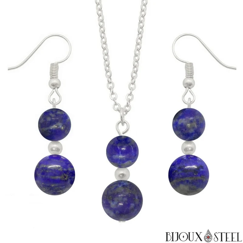 Parure lapis-lazuli en pierre naturelle et acier inoxydable