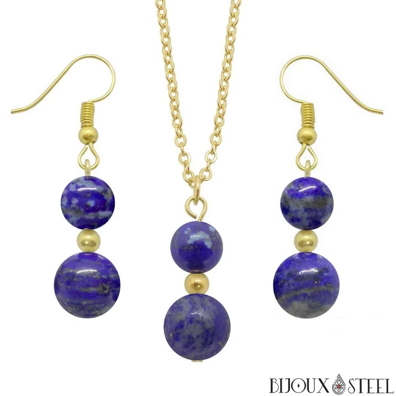Parure lapis-lazuli en pierre naturelle et acier inoxydable