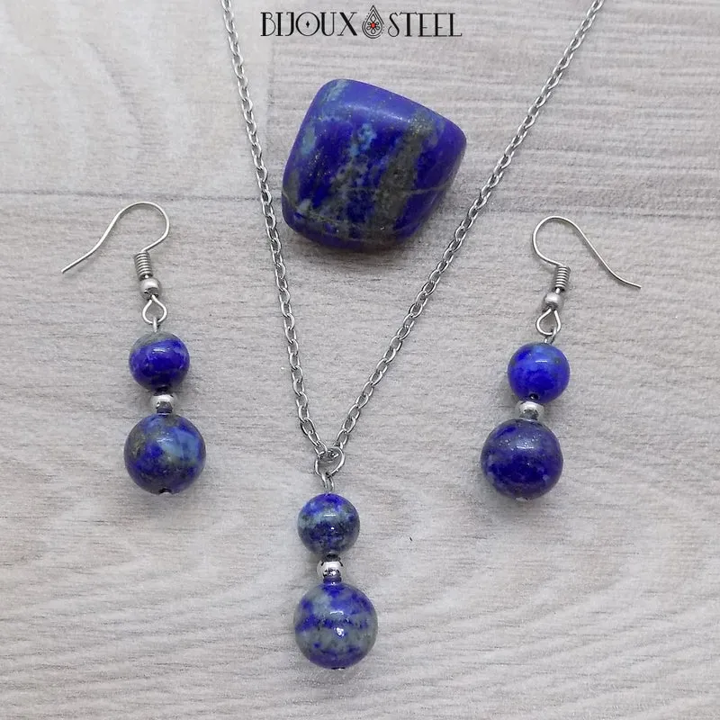 Parure lapis-lazuli en pierre naturelle et acier inoxydable