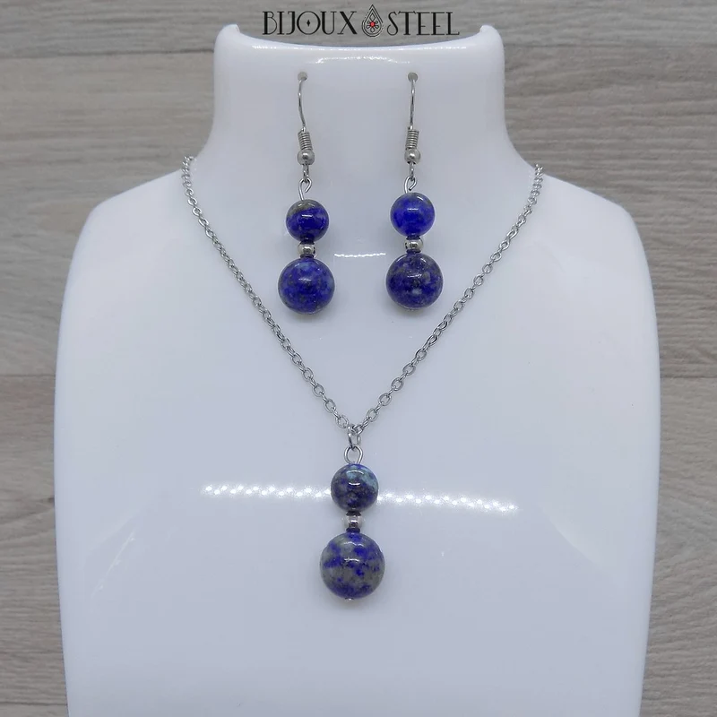 Parure lapis-lazuli en pierre naturelle et acier inoxydable