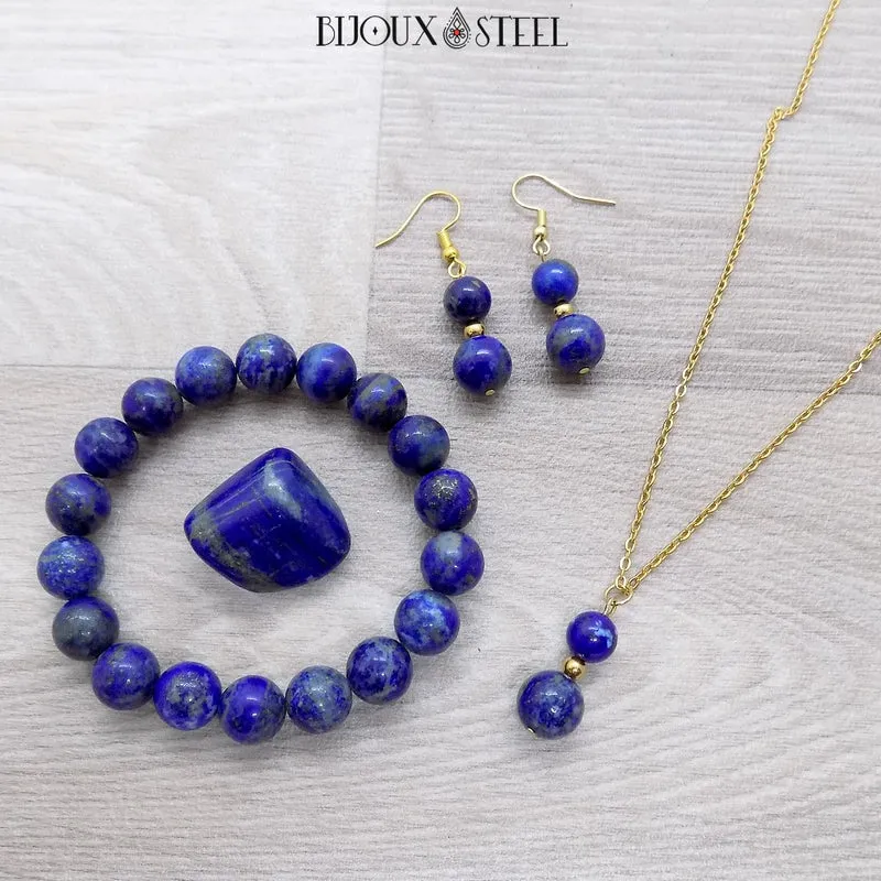 Parure lapis-lazuli en pierre naturelle et acier inoxydable
