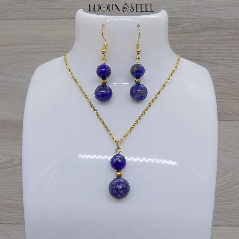 Parure lapis-lazuli en pierre naturelle et acier inoxydable
