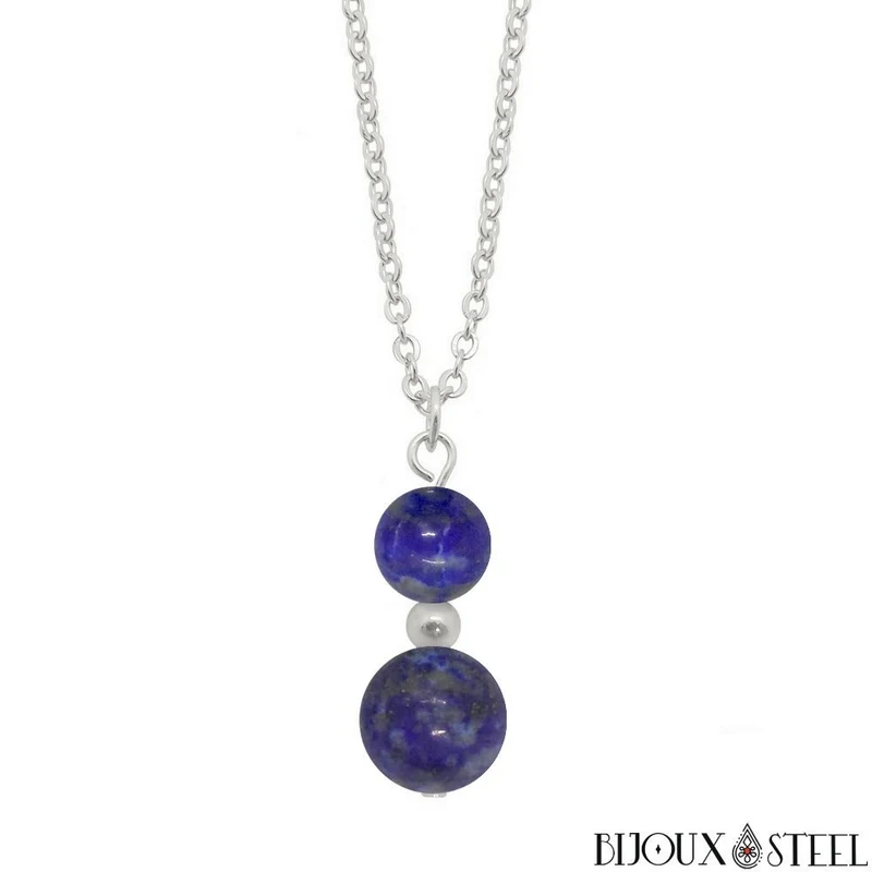 Collier à pendentif deux perles en pierre de lapis-lazuli