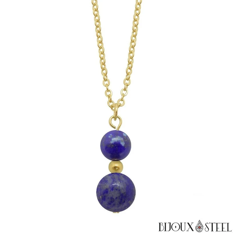 Collier à pendentif deux perles en pierre de lapis-lazuli
