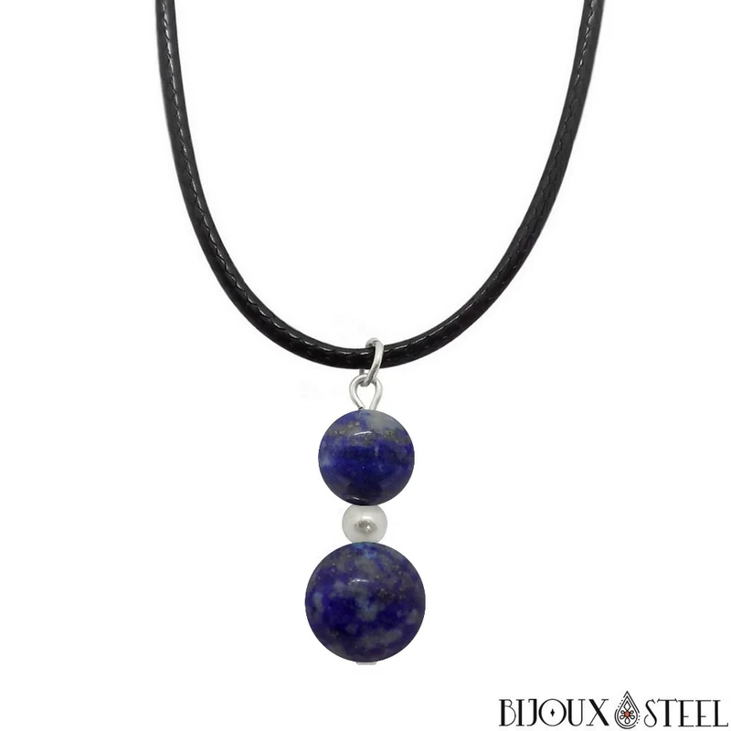 Collier à pendentif deux perles en pierre de lapis-lazuli