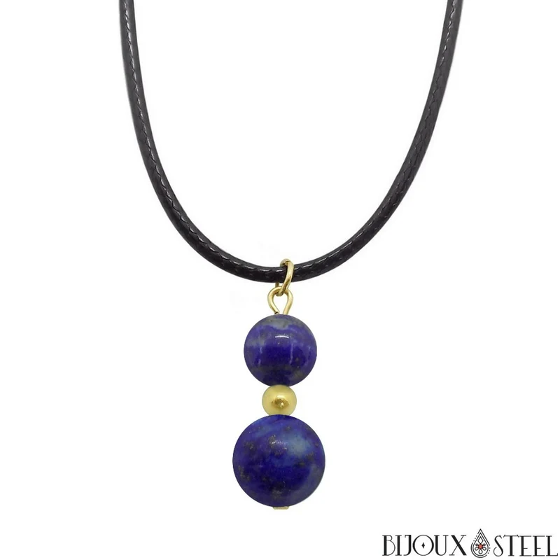 Collier à pendentif deux perles en pierre de lapis-lazuli