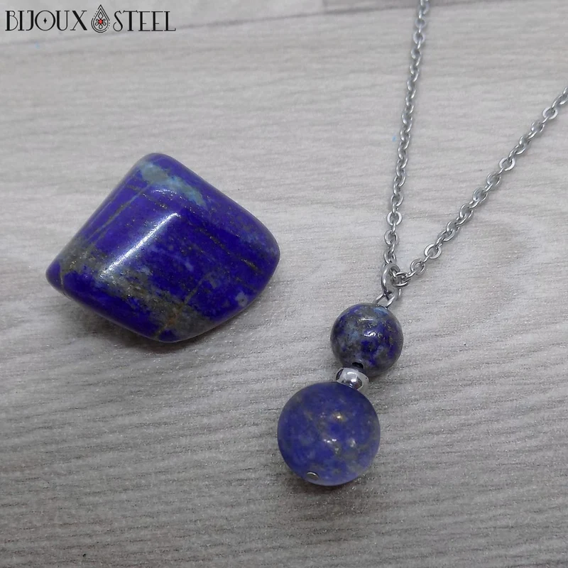 Collier à pendentif deux perles en pierre de lapis-lazuli