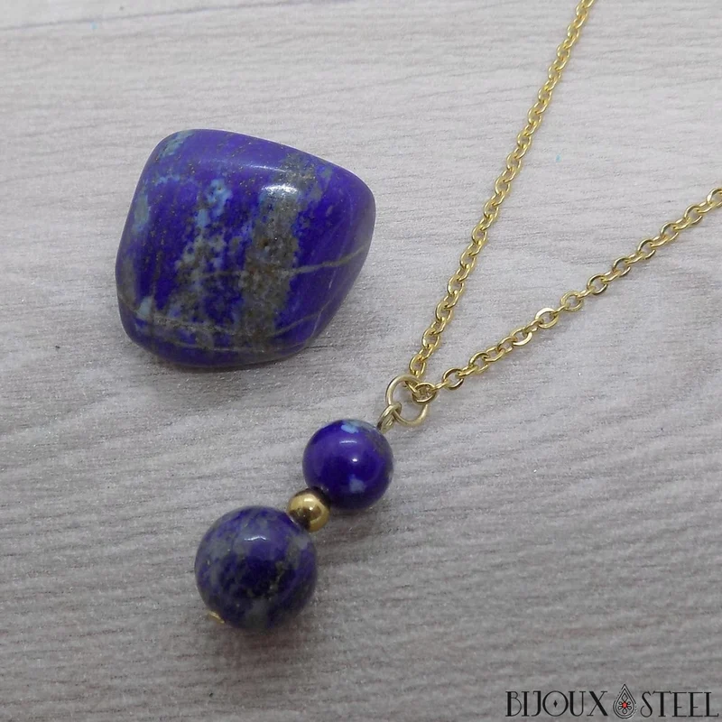 Collier à pendentif deux perles en pierre de lapis-lazuli