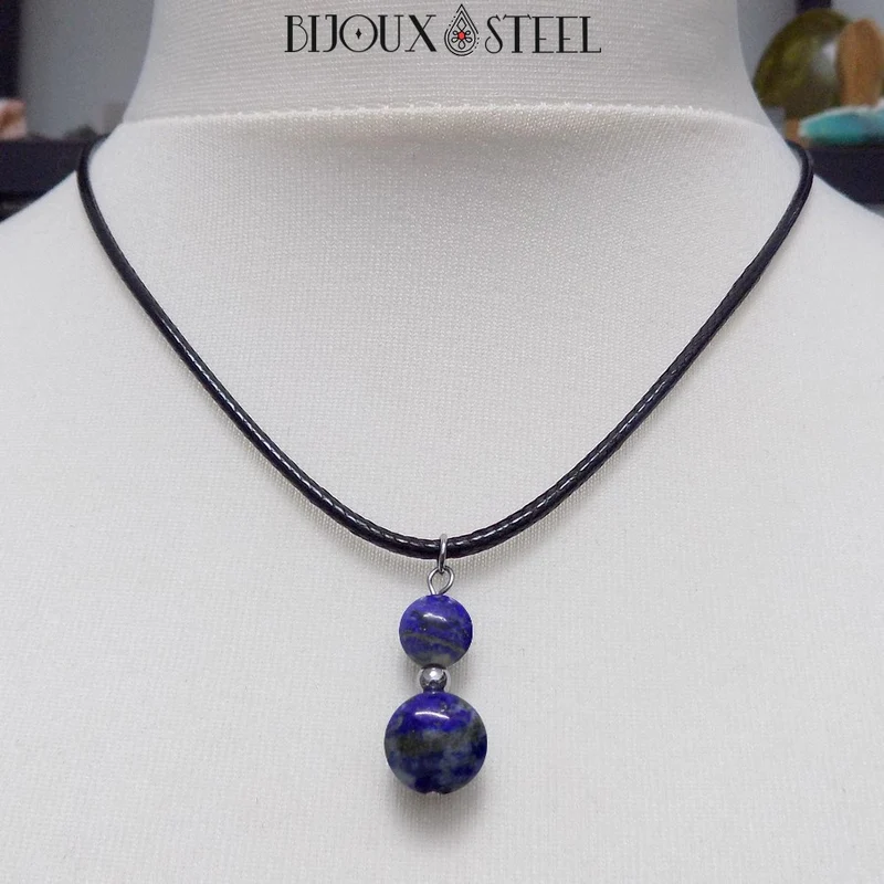 Collier à pendentif deux perles en pierre de lapis-lazuli
