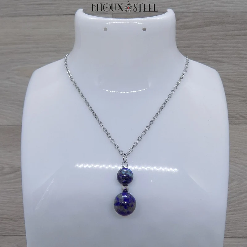 Collier à pendentif deux perles en pierre de lapis-lazuli