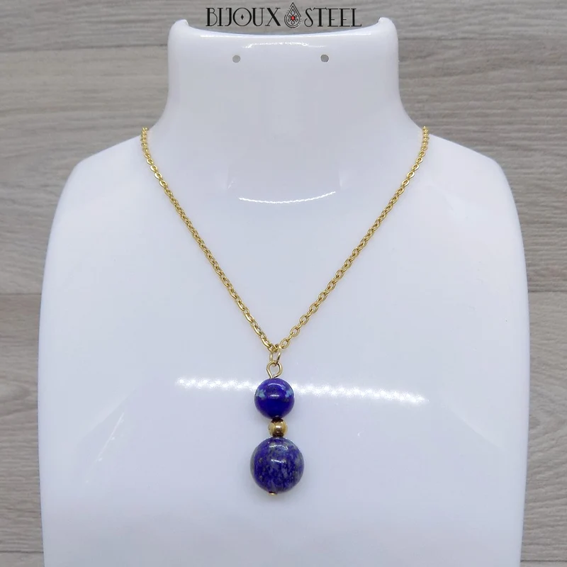 Collier à pendentif deux perles en pierre de lapis-lazuli