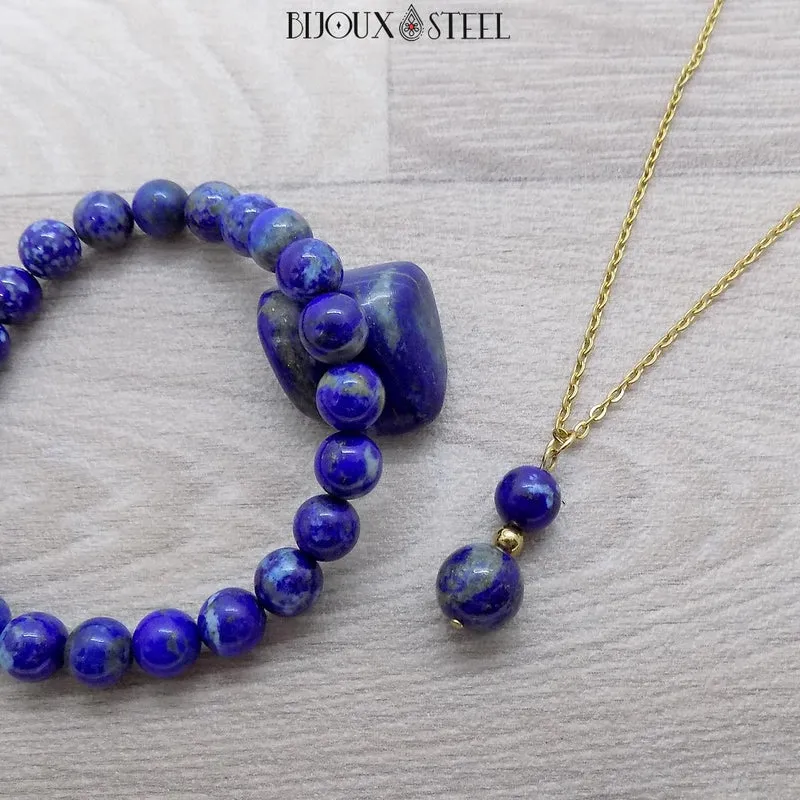 Collier à pendentif deux perles en pierre de lapis-lazuli