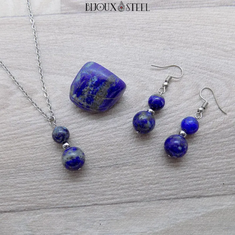 Collier à pendentif deux perles en pierre de lapis-lazuli