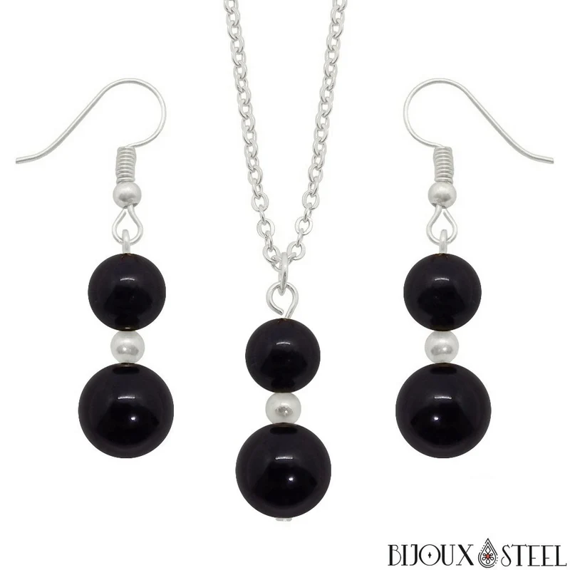 Parure onyx noir en pierre naturelle et acier inoxydable