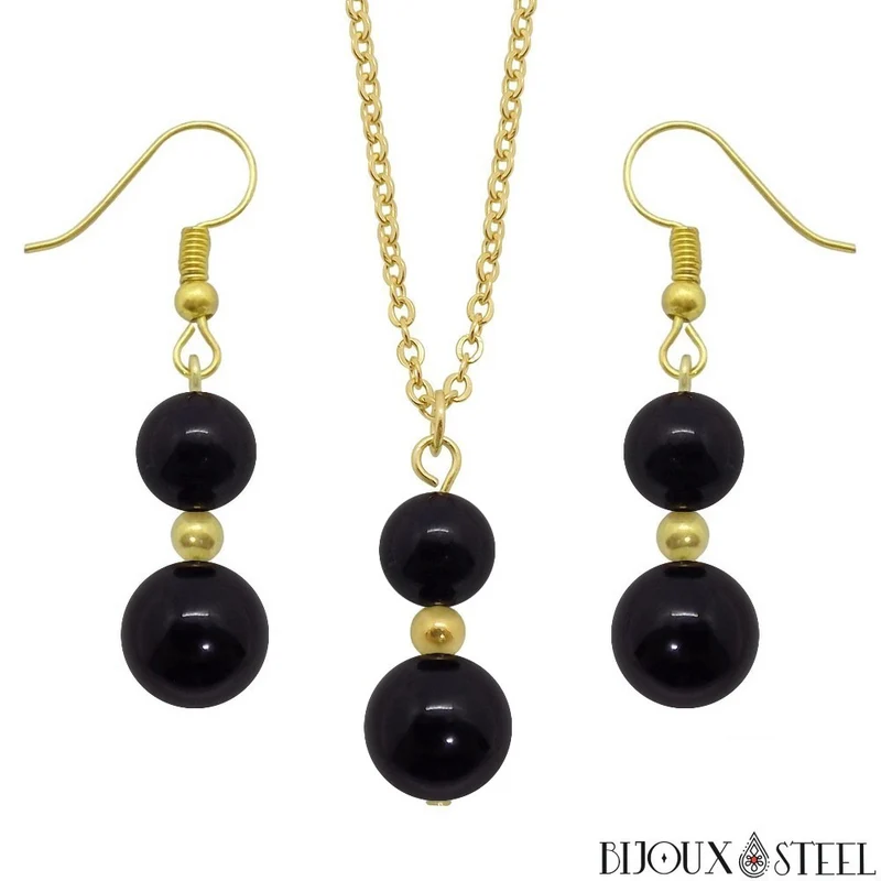 Parure onyx noir en pierre naturelle et acier inoxydable