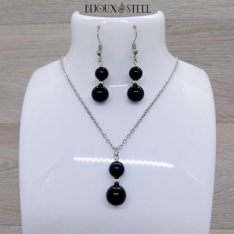 Parure onyx noir en pierre naturelle et acier inoxydable