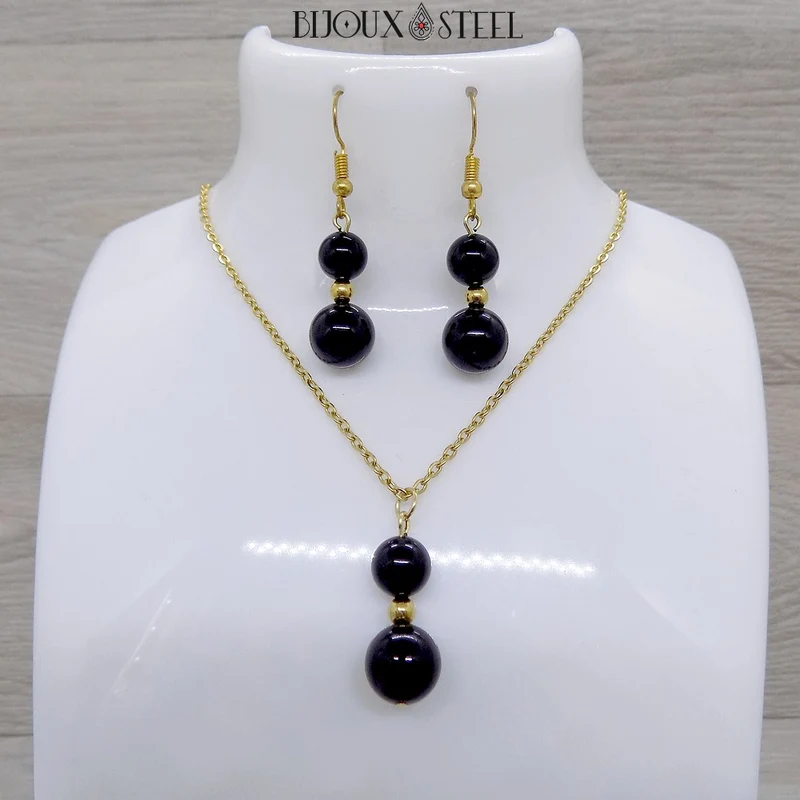 Parure onyx noir en pierre naturelle et acier inoxydable