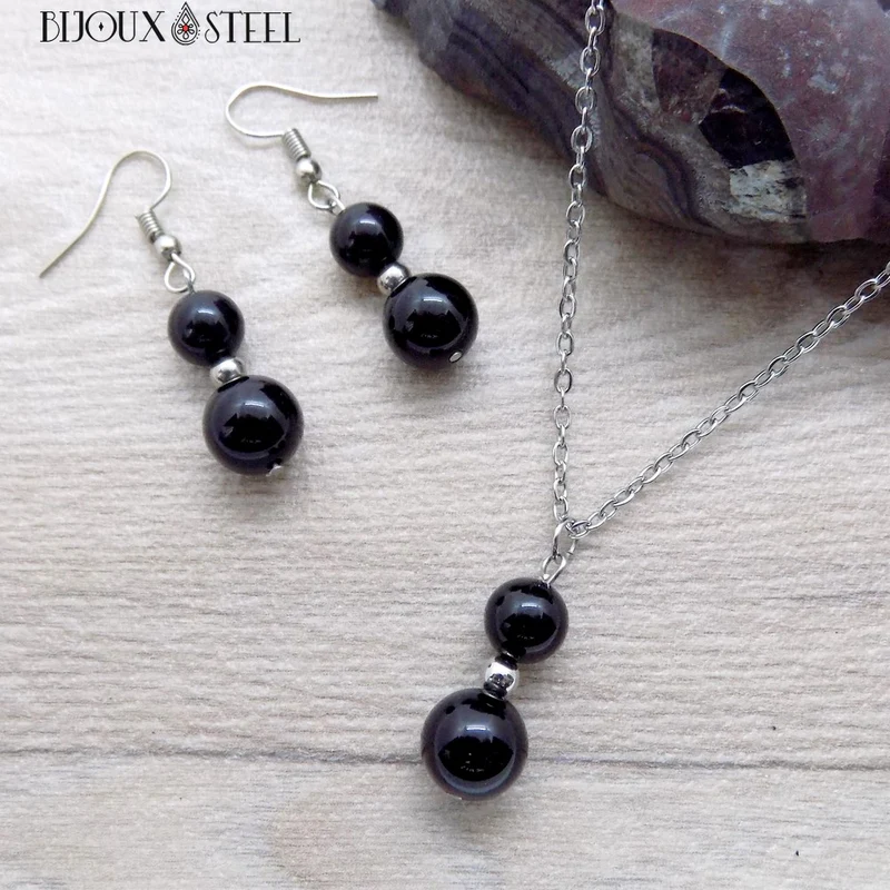 Parure onyx noir en pierre naturelle et acier inoxydable