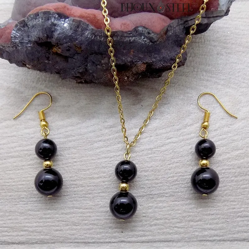 Parure onyx noir en pierre naturelle et acier inoxydable
