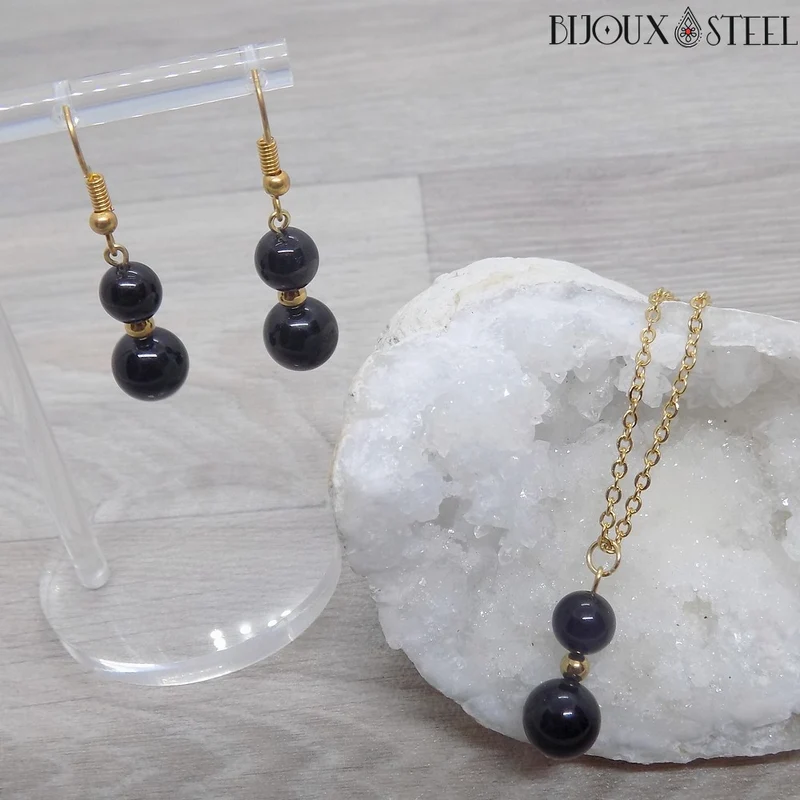Parure onyx noir en pierre naturelle et acier inoxydable
