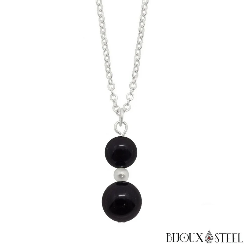 Collier à pendentif deux perles en pierre d'onyx noir