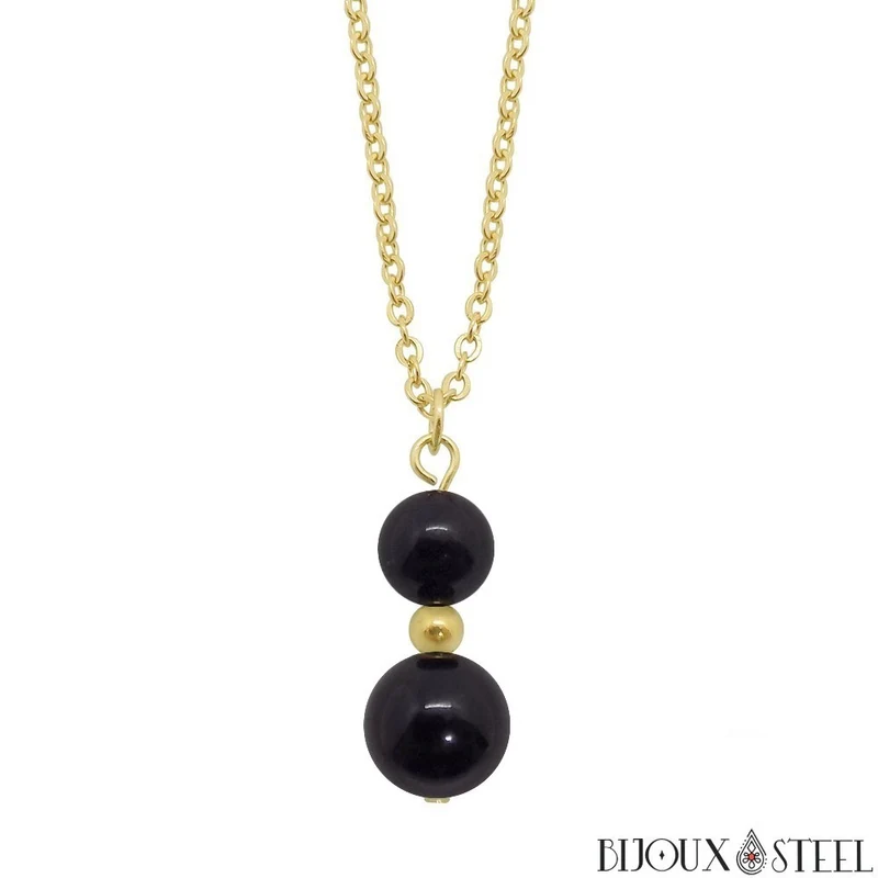 Collier à pendentif deux perles en pierre d'onyx noir