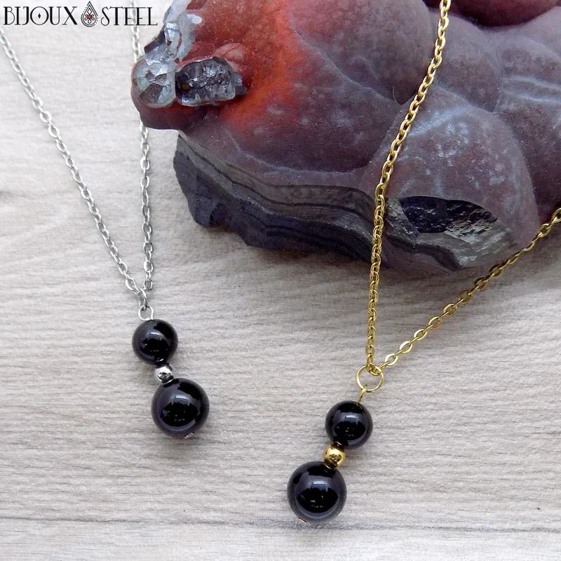 Collier à pendentif deux perles en pierre d'onyx noir