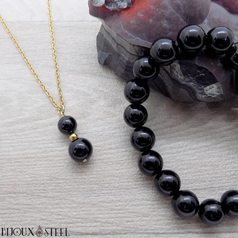 Collier à pendentif deux perles en pierre d'onyx noir