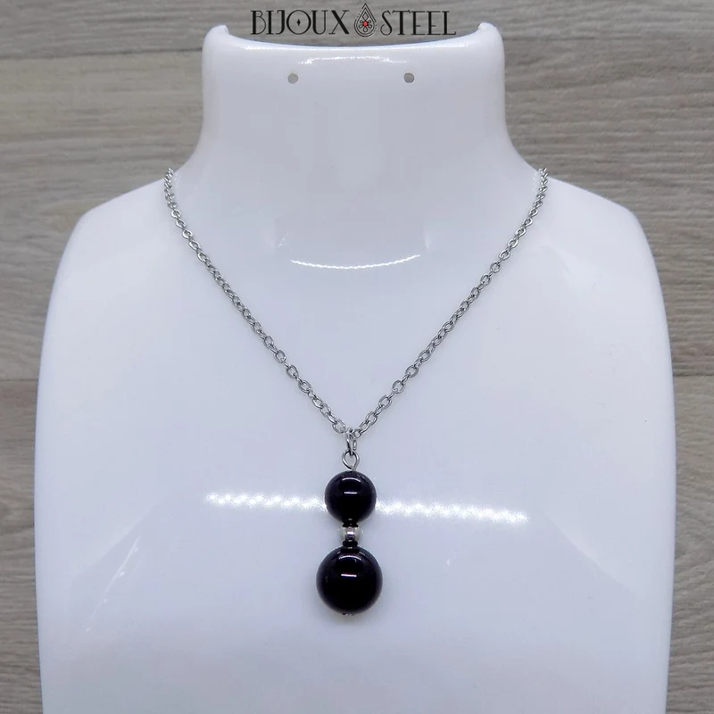 Collier à pendentif deux perles en pierre d'onyx noir