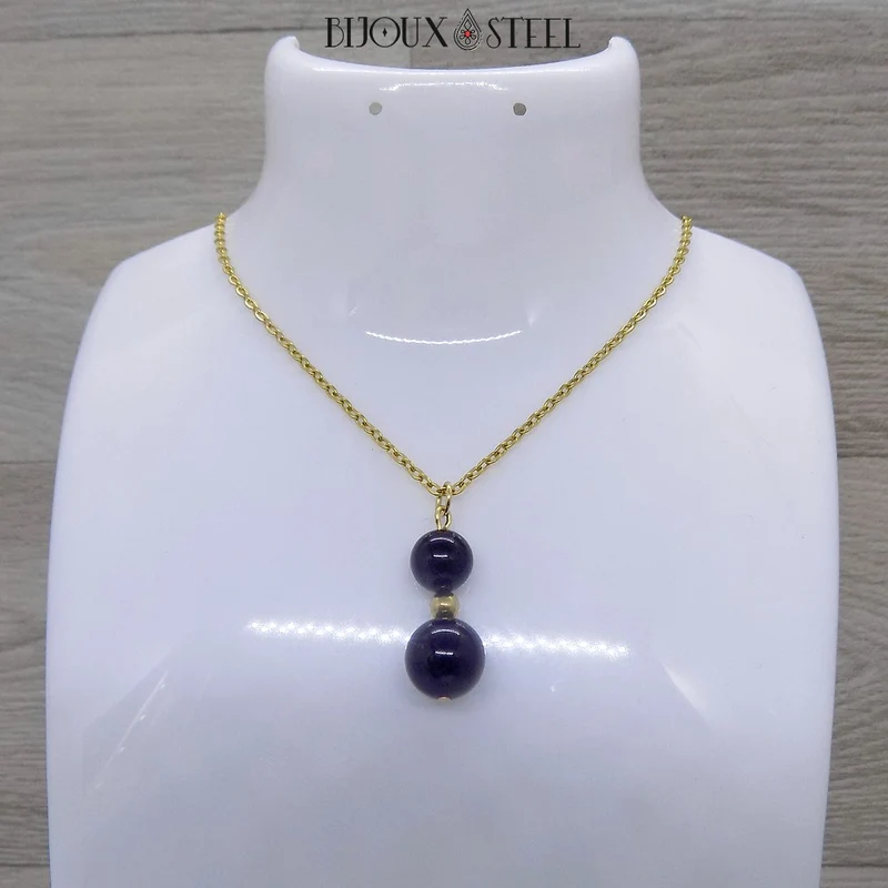 Collier à pendentif deux perles en pierre d'onyx noir