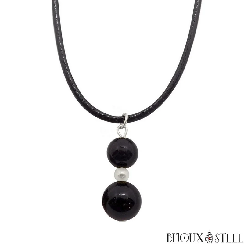 Collier à pendentif deux perles en pierre d'onyx noir