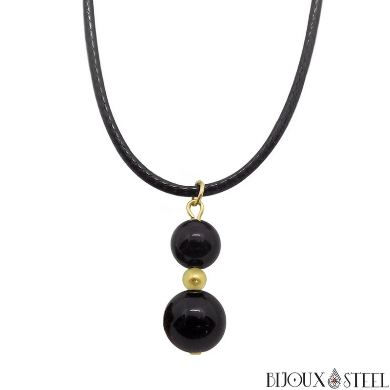 Collier à pendentif deux perles en pierre d'onyx noir