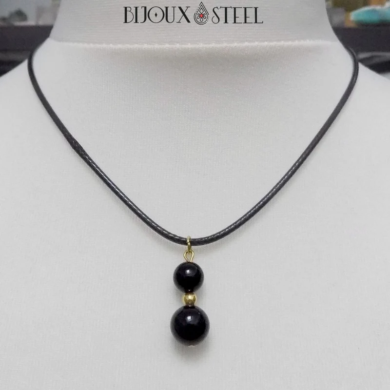 Collier à pendentif deux perles en pierre d'onyx noir