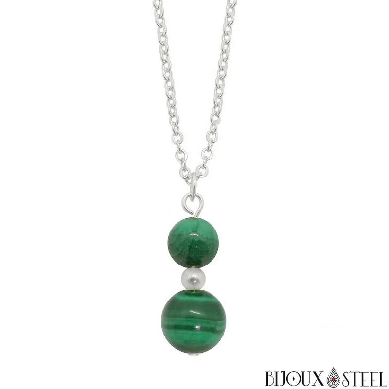 Collier à pendentif deux perles en pierre de malachite